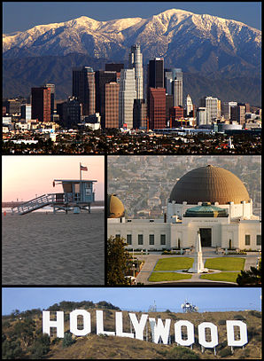 Von links oben nach rechts unten: Downtown Los Angeles, Venice, Griffith Observatory, Hollywood Sign