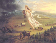 -American Progress- (amerikanischer Fortschritt), Gemälde von John Gast, 1872, das die zivilisatorisch-religiöse Aufgabe der Siedler symbolisch überhöht