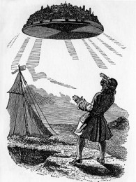 Gulliver entdeckt Laputa, die Stadt auf der fliegenden Insel. (Buchillustration von Grandville, 1838)