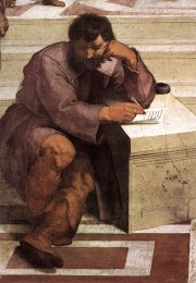 Heraklit in der Gestalt Michelangelos, Detailansicht aus Raphaels Die Schule von Athen (1510–1511), Fresko in der Stanza della Segnatura, Vatikan