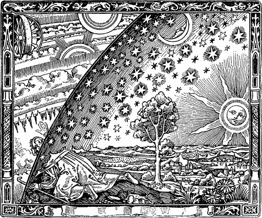Flammarions Holzstich – in L’atmosphère, Paris 1888, als Illustration zu „La forme du ciel“ im Kapitel „Le jour“.