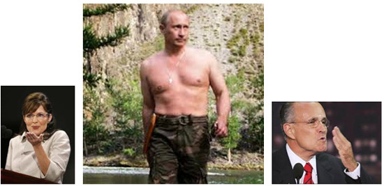 ‘KISS ME, you fool!’ Loving kudos for gnarly Vladimir from Sarah Palin, Alaska’s celebrity dunce, and right-wing gadfly Rudy ‘Il Duce’ Giuliani of New York.