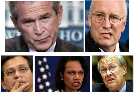 UGLY AMERICANS. At liberty today, despite their bloody lies and crimes against humanity, are (clockwise from top left): George W. Bush, Richard B. Cheney, Donald H. Rumsfeld, Condoleezza Rice, and Alberto Gonzales.