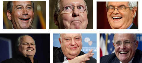 Why are these rich white men laughing? Clockwise, from top left: John Boehner, Mitch McConnell, Newt Gingrich, Rudolph Giuliani, Roger Ailes, Rush Limbaugh