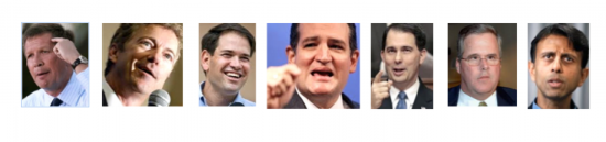 SERENADERS (from left): John Kasich, Rand Paul, Marco Rubio, Ted Cruz, Rick Scott, Jeb Bush, Bobby Jindal