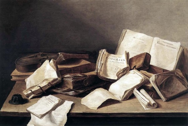 Jan_Davidszoon_de_Heem_-_Still-Life_of_Books Still-Life of Books 1628. Öl auf Holz. 36,1 × 48,5 cm. Den Haag, Königliche Gemäldegalerie Mauritshuis.