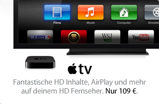 Apple TV. Fantastische HD Inhalte, AirPlay und mehr auf deinem HD Fernseher. Nur 109 €.