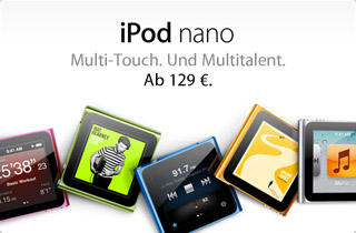 iPod nano. Multi-Touch. Und Multitalent. Ab 129 €.