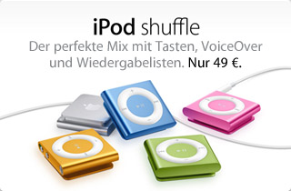 iPod shuffle. Der perfekte Mix mit Tasten, VoiceOver und Wiedergabelisten. Nur 49 €.