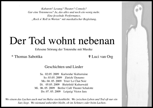 Luci van Org und Thomas Sabottka in Z&uuml;rich: Der Tod wohnt nebenan