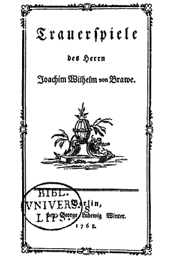 Titelblatt der Werkausgabe »Die Trauerspiele des Herrn Joachim Wilhelm von Brawe«