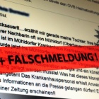 Mit rot unterlegtem Schriftzug "FALSCHMELDUNG!" macht die bayerische Polizei auf gefälschte Meldungen im Internet aufmerksam