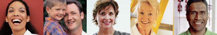 Fotocollage mit Porträts einer lachenden Frau, eines Vaters mit Kind, zwei weiteren Frauen verschiedener Altersstufen und eines Mannes