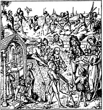 Fahrende im Mittelalter: Spielleute und Gaukler. Im Vordergrund eine Kapelle mit Bettler, dem ein Geldstück gereicht wird, Spielleute mit Trompete, Fagott, Flöte und Mandoline vor einer vornehmen Gesellschaft.