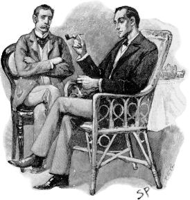 Sherlock Holmes (r) und Dr. John H. Watson. Illustration von Sidney Paget aus der Sherlock Holmes Geschichte Der griechische Dolmetscher.
