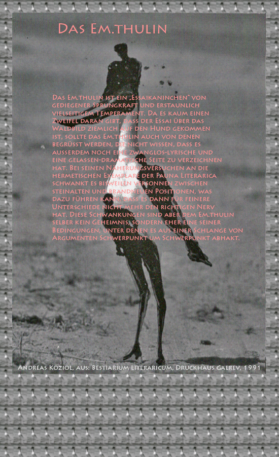 Bild von Juliane Duda mit den Übermalungen von C.M.P. Schleime und den Texten von Andreas Koziol aus seinem Bestiarium Literaricum. Hier „Das Em.thulin“.