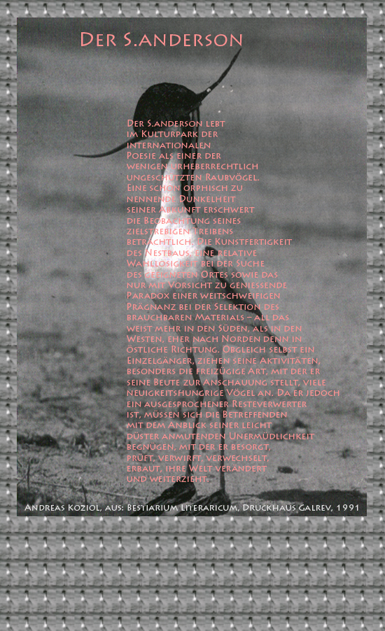 Bild von Juliane Duda mit den Übermalungen von C.M.P. Schleime und den Texten von Andreas Koziol aus seinem Bestiarium Literaricum. Hier „Der S.anderson“.