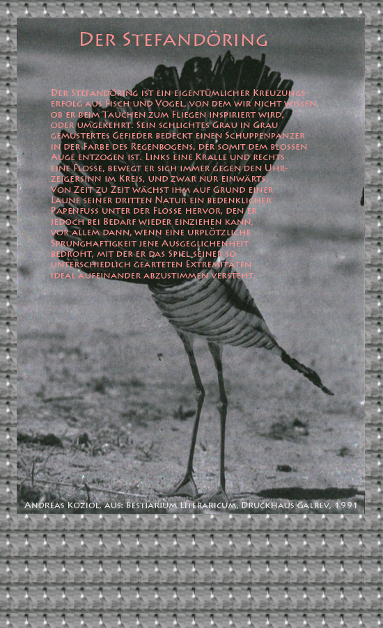 Bild von Juliane Duda mit den Übermalungen von C.M.P. Schleime und den Texten von Andreas Koziol aus seinem Bestiarium Literaricum. Hier „Der Stefandöring“.