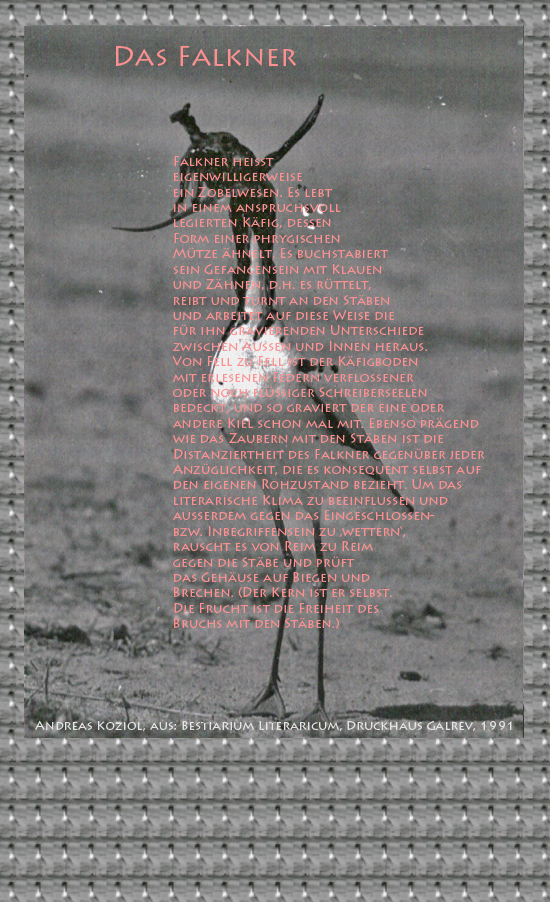 Bild von Juliane Duda mit den Übermalungen von C.M.P. Schleime und den Texten von Andreas Koziol aus seinem Bestiarium Literaricum. Hier „Das Falkner“.