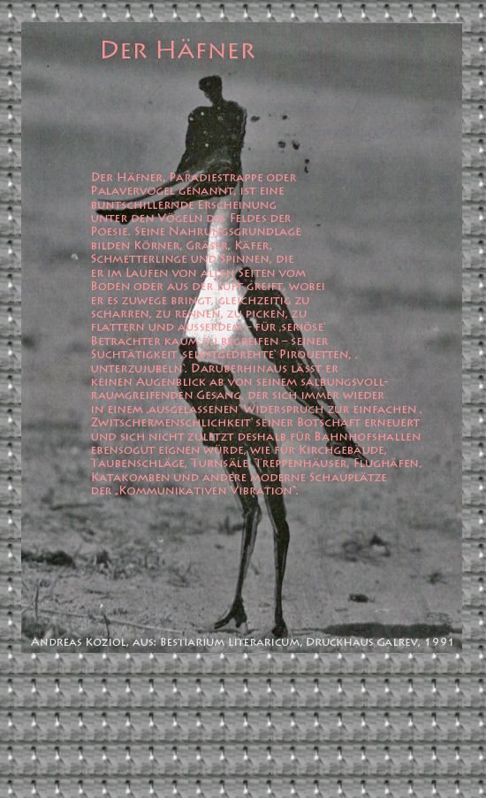Bild von Juliane Duda mit den Übermalungen von C.M.P. Schleime und den Texten von Andreas Koziol aus seinem Bestiarium Literaricum. Hier „Der Häfner“.