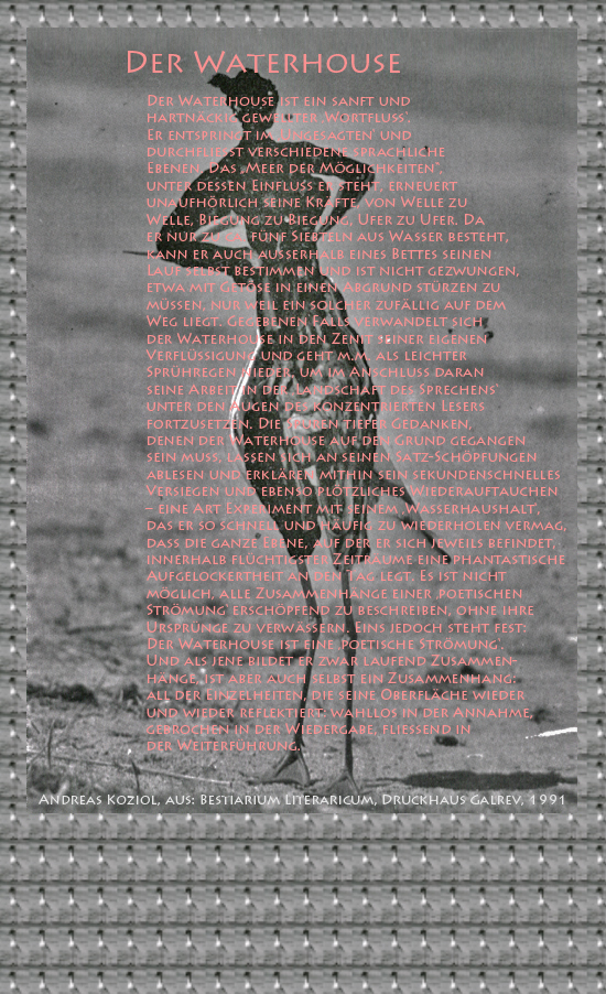 Bild von Juliane Duda mit den Übermalungen von C.M.P. Schleime und den Texten von Andreas Koziol aus seinem Bestiarium Literaricum. Hier „Der Waterhouse“.