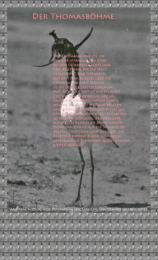 Bild von Juliane Duda mit den Übermalungen von C.M.P. Schleime und den Texten von Andreas Koziol aus seinem Bestiarium Literaricum. Hier „Der Thomasböhme“.