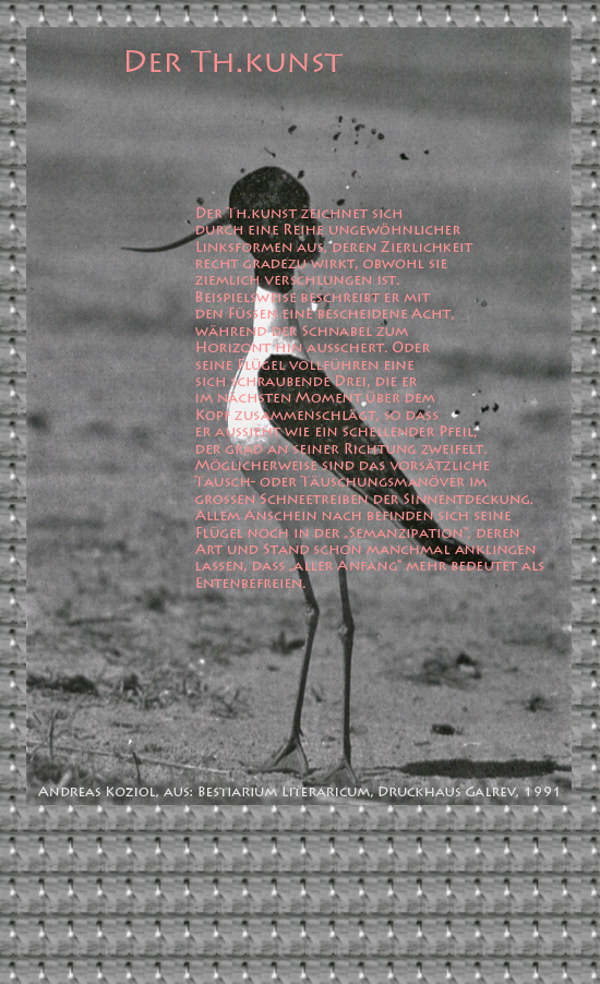 Bild von Juliane Duda mit den Übermalungen von C.M.P. Schleime und den Texten von Andreas Koziol aus seinem Bestiarium Literaricum. Hier „Der Th.kunst“.