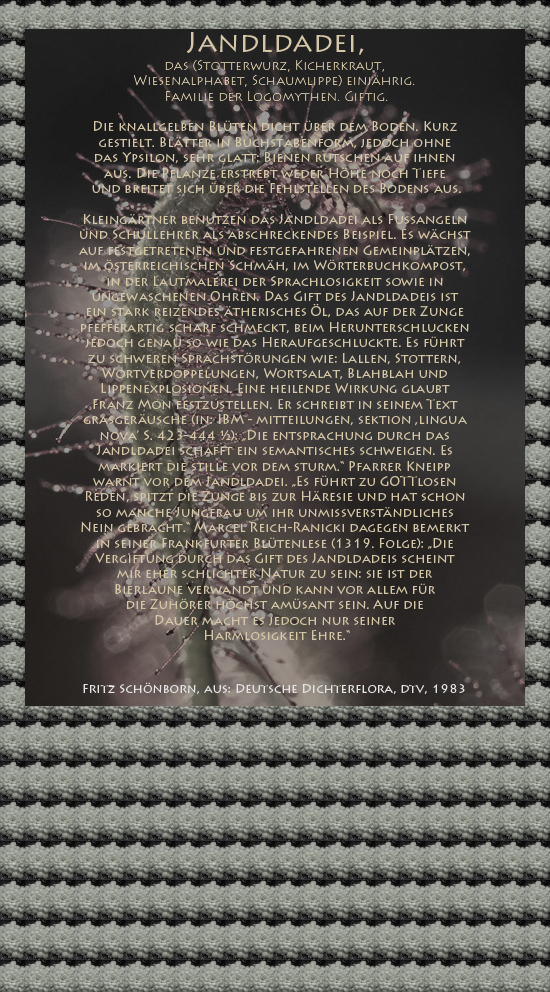 Bild von Juliane Duda mit den Texten von Fritz Schönborn aus seiner Deutschen Dichterflora. Hier „Jandldadei“.
