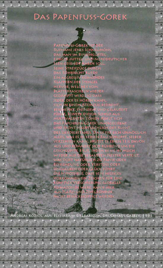Bild von Juliane Duda mit den Übermalungen von C.M.P. Schleime und den Texten von Andreas Koziol aus seinem Bestiarium Literaricum. Hier „Das Papenfuß-Gorek“.