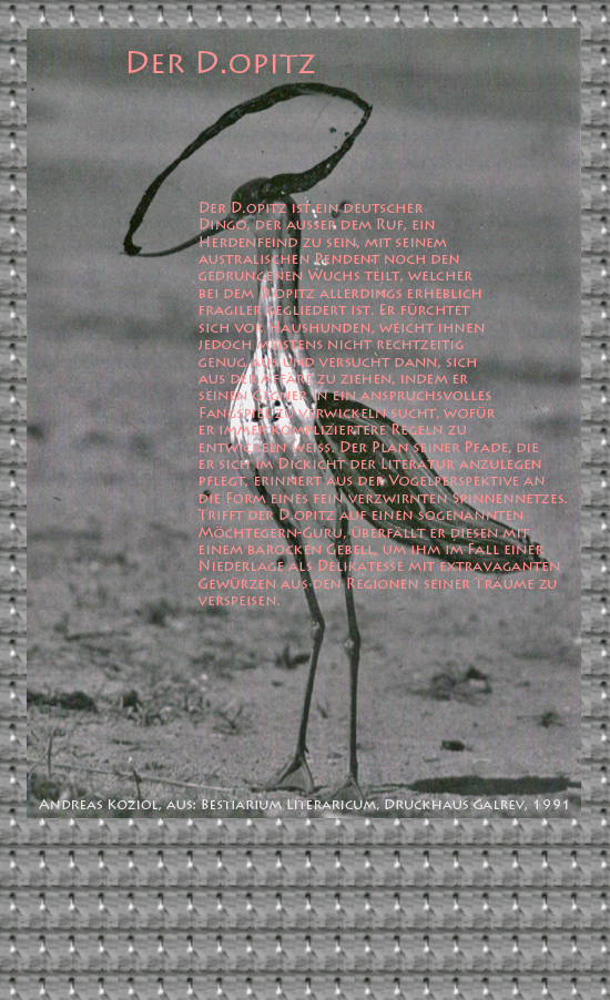 Bild von Juliane Duda mit den Übermalungen von C.M.P. Schleime und den Texten von Andreas Koziol aus seinem Bestiarium Literaricum. Hier „Der D.opitz“.