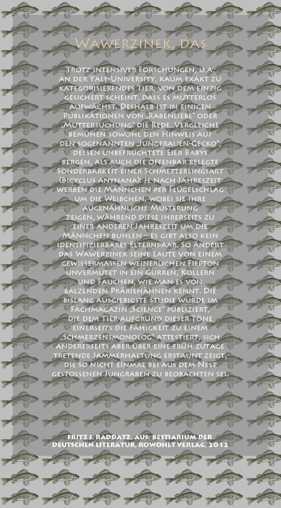 Bild von Juliane Duda mit den Zeichnungen von Klaus Ensikat und den Texten von Fritz J. Raddatz aus seinem Bestiarium der deutschen Literatur. Hier „Wawerzinek, das“.