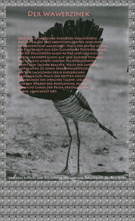 Bild von Juliane Duda mit den Übermalungen von C.M.P. Schleime und den Texten von Andreas Koziol aus seinem Bestiarium Literaricum. Hier „Der Wawerzinek“.