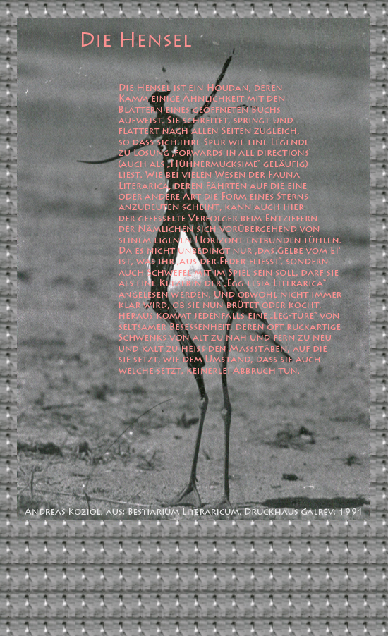 Bild von Juliane Duda mit den Übermalungen von C.M.P. Schleime und den Texten von Andreas Koziol aus seinem Bestiarium Literaricum. Hier „Die Hensel“.