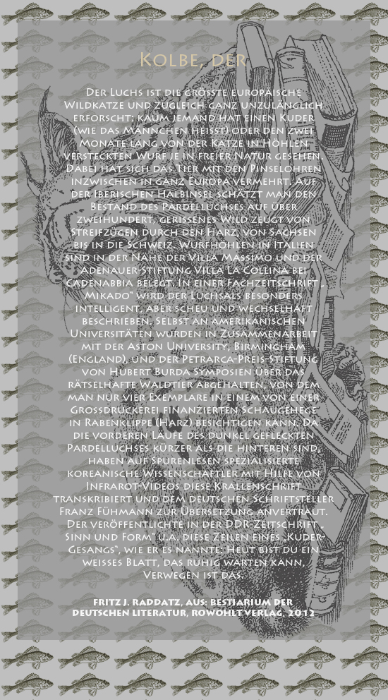 Bild von Juliane Duda mit den Zeichnungen von Klaus Ensikat und den Texten von Fritz J. Raddatz aus seinem Bestiarium der deutschen Literatur. Hier „Kolbe, der“.