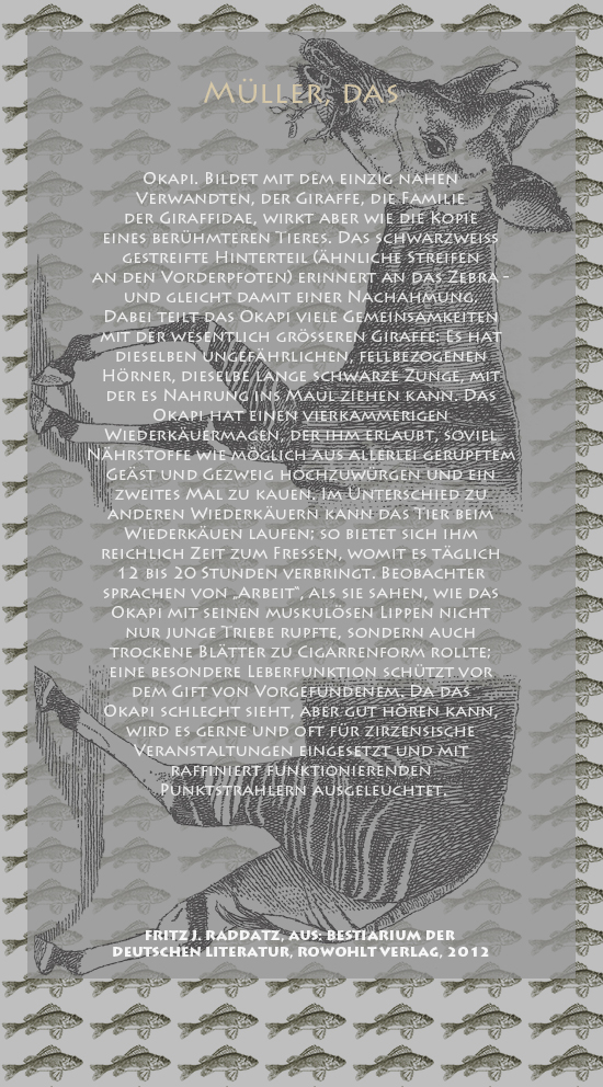 Bild von Juliane Duda mit den Zeichnungen von Klaus Ensikat und den Texten von Fritz J. Raddatz aus seinem Bestiarium der deutschen Literatur. Hier „Müller, das“.