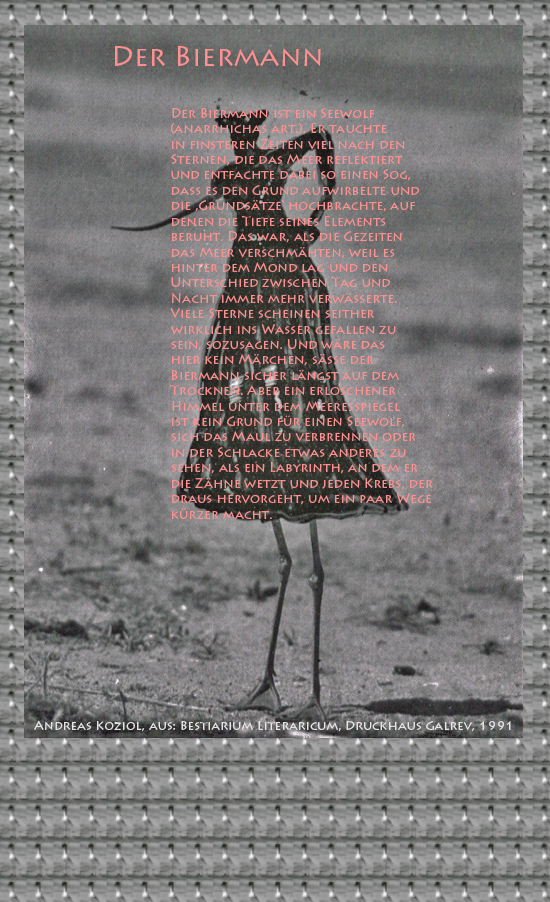 Bild von Juliane Duda mit den Übermalungen von C.M.P. Schleime und den Texten von Andreas Koziol aus seinem Bestiarium Literaricum. Hier „Der Biermann“.