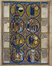 Bible moralisée [Detail: Gen 1,3-5; 6-9; 9-12; 20-22; 14-16]. Zit nach: Glanzlichter der Buchkunst Bd. 2: Bible moralisée, Codex Vindobonensis 2554 der Österreichischen Nationalbibliothek, Kommentar von Reiner Hausherr, Graz 1992.