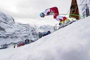 Swiss ski racer Patrick Kueng takes on a training run at the 2018 Lauberhorn race