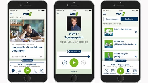 Ansichten der WDR 5 App auf drei Smartphones nebeneinander