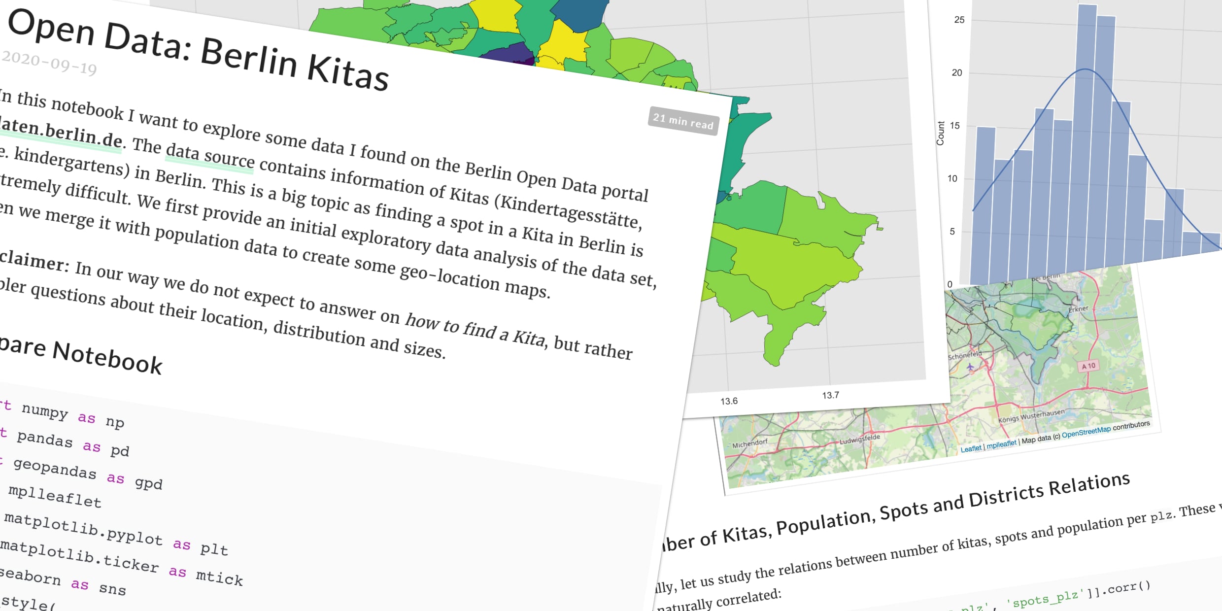 Screenshots des Artikels "Open Data: Berlin Kitas" mit Text, Diagrammen und Sourcecode