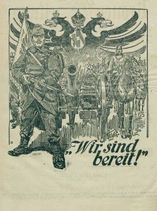 Zeitungsillustration: Soldaten mit Pferd und Kanone; Text: "Wir sind bereit!"