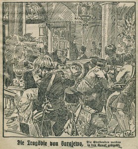 Zeitungsillustration: Uniformierte transportieren ermordetes Thronfolger-Ehepaar ab