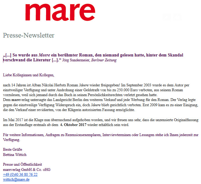 mare Meere Presseerklärung zur Freigabe