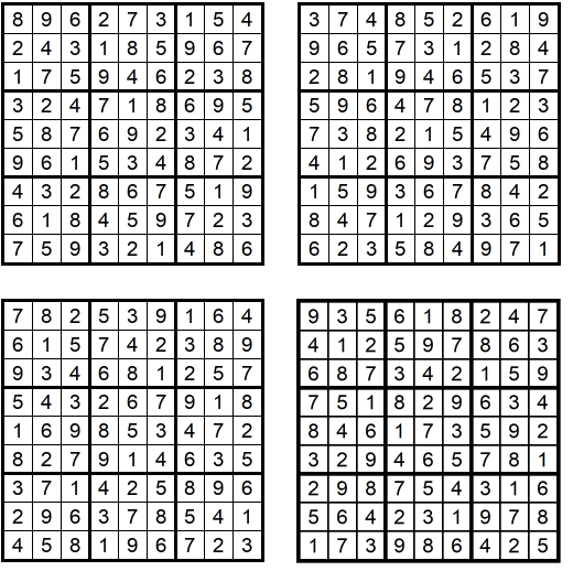 Lösungen der vier einfachen Sudoku-Rätsel (Glarean Magazin - September 2017)