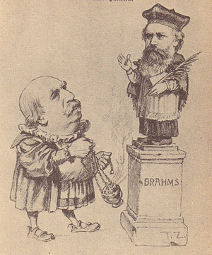 Der gefürchtete Musik-Kritiker Hanslick beweihräuchert Johannes Brahms (Zeitgenössische Karikatur) Der gefürchtete Musik-Kritiker Hanslick beweihräuchert Johannes Brahms (Zeitgenössische Karikatur)