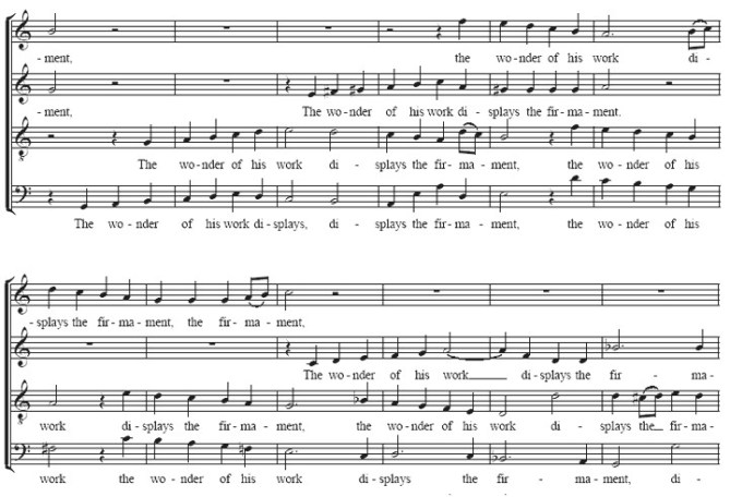 Notenbeispiel Josef Haydn: Fugativer Chor-Satz (Engl. Fassung) von "Die Himmel rühmen..." Glarean Magazin