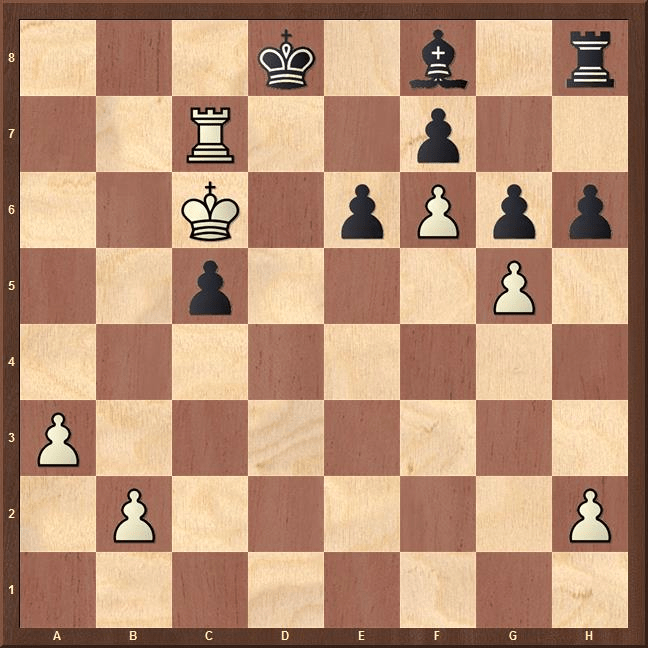 Gewinn nach Königswanderung übers ganze Brett: Die Schluss-Stellung der Partie (2) in Kramnik-Topalow, Amber-Turnier Monte Carlo 2003 (Hier findet sich eine taktische Analyse der Partie durch moderne Schach-Software)