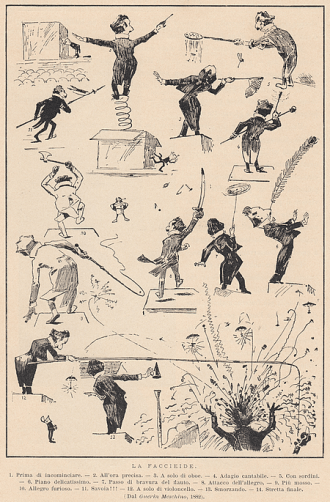 "Wie ein dressierter Pinguin im verdunkelten Saal auf ein beleuchtetes Holzgestell watschelnd": Zeitgenössische Karikatur "Der Dirigent" von Franco Faccio (1882)