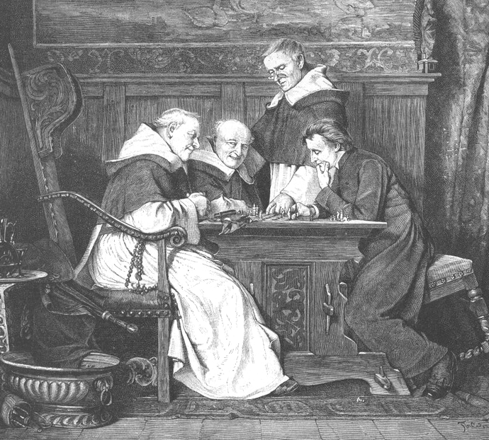 Schachmatt - Geistliche Würdenträger beim Schachspielen - Holzstich von Thure Cederström 1880 - Glarean Magazin