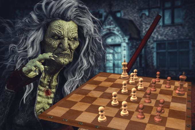 Halloween Hexe spielt Schach - Halloween Chess Witch plays Chess - Glarean Magazin 2020